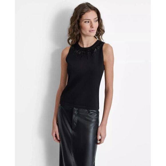 DKNY Women's Top Sweater Sz L Embellished-Neck Sleeveless - Picture 1 of 3